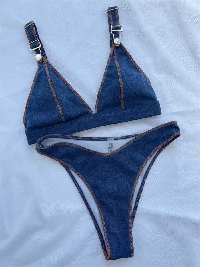 Maillot de bain en denim bleu, taille haute, avec boucles, bordure, pour femmes, tenue de plage, avec bretelles, tendance