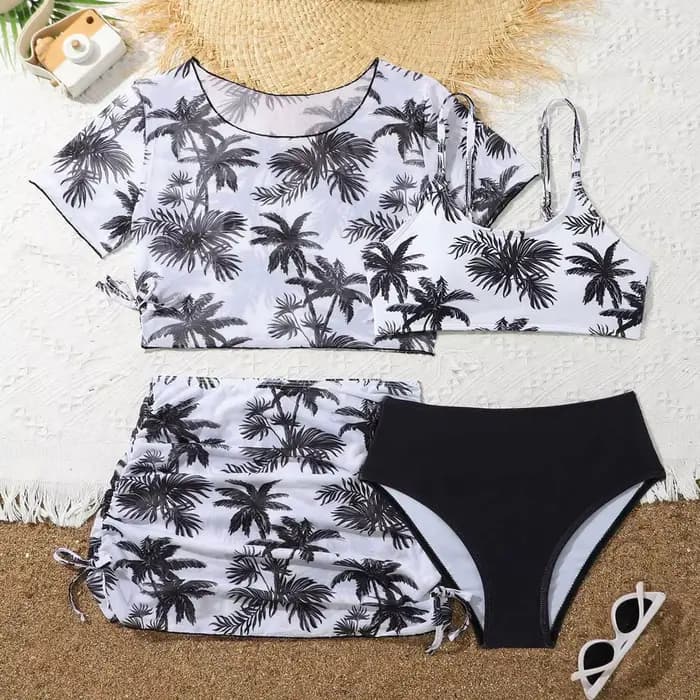 Ensemble de bikini 4 pièces pour filles, maillot de bain imprimé palmier de coco, avec jupe de plage et haut court à manches courtes, maillot de bain pour adolescentes