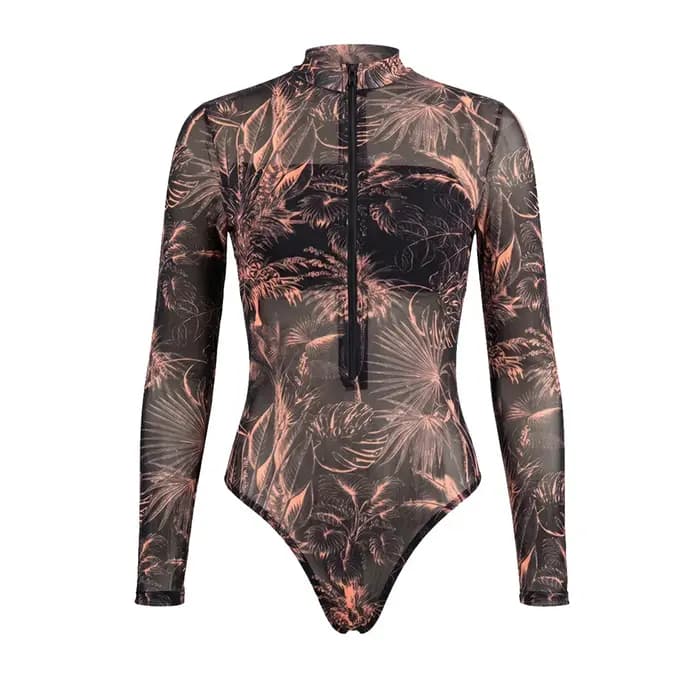 Maillot de bain une pièce pour femmes, maillot de bain imprimé feuilles, manches longues avec fermeture éclair, pantalon, nouvelle collection, S - XXL, K8355