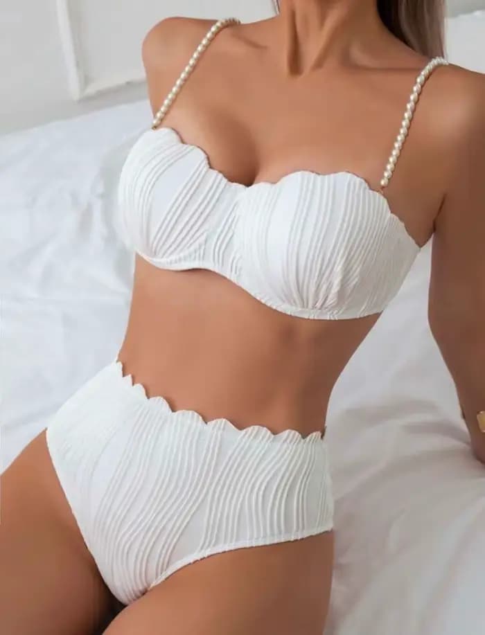 Sexy blanc noir Bikini ensemble 2025 femmes perles sangle volants Push Up taille haute maillot de bain plage maillot de bain deux pièces maillots de bain