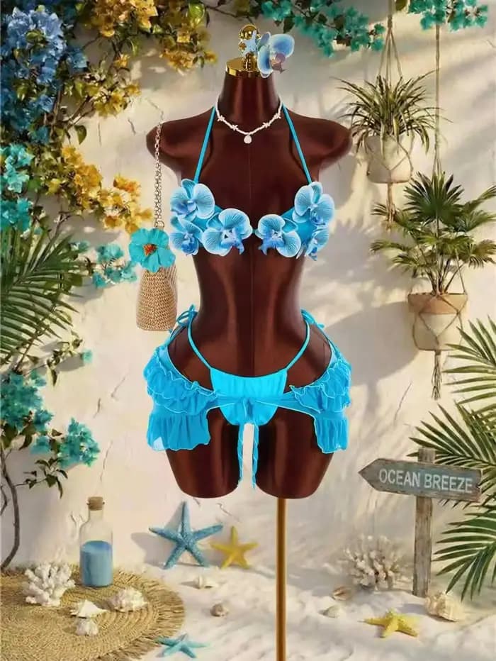 Ensemble de bikinis vintage bleu à fleurs 3D pour femmes, maillot de bain 3 pièces avec jupe en maille à volants, soutien-gorge push-up sexy, tenue de bain de vacances 2026