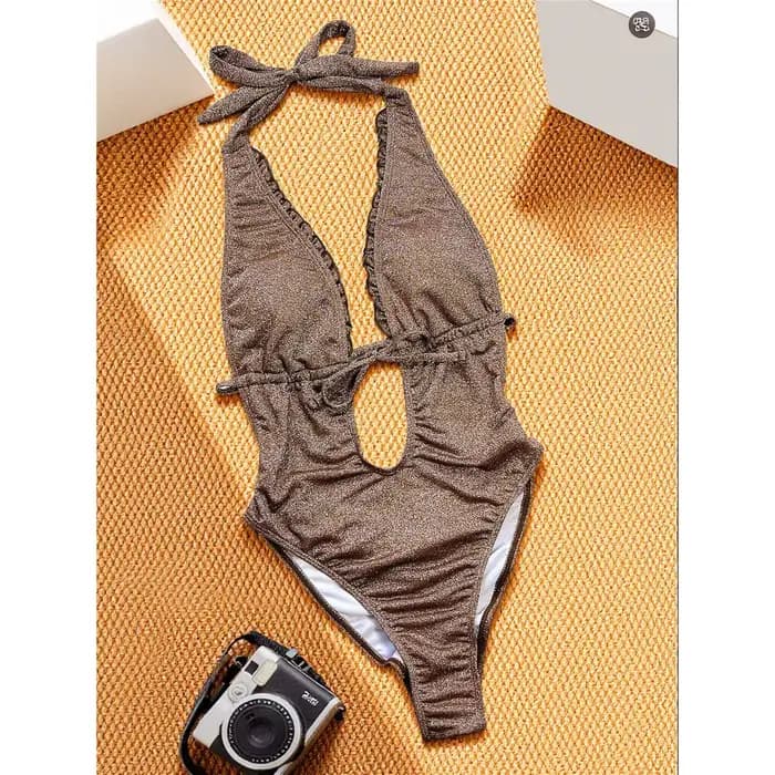 Maillot de bain une pièce scintillant 2026 pour femme, col en V profond, dos nu, froncé aux fesses, V7888