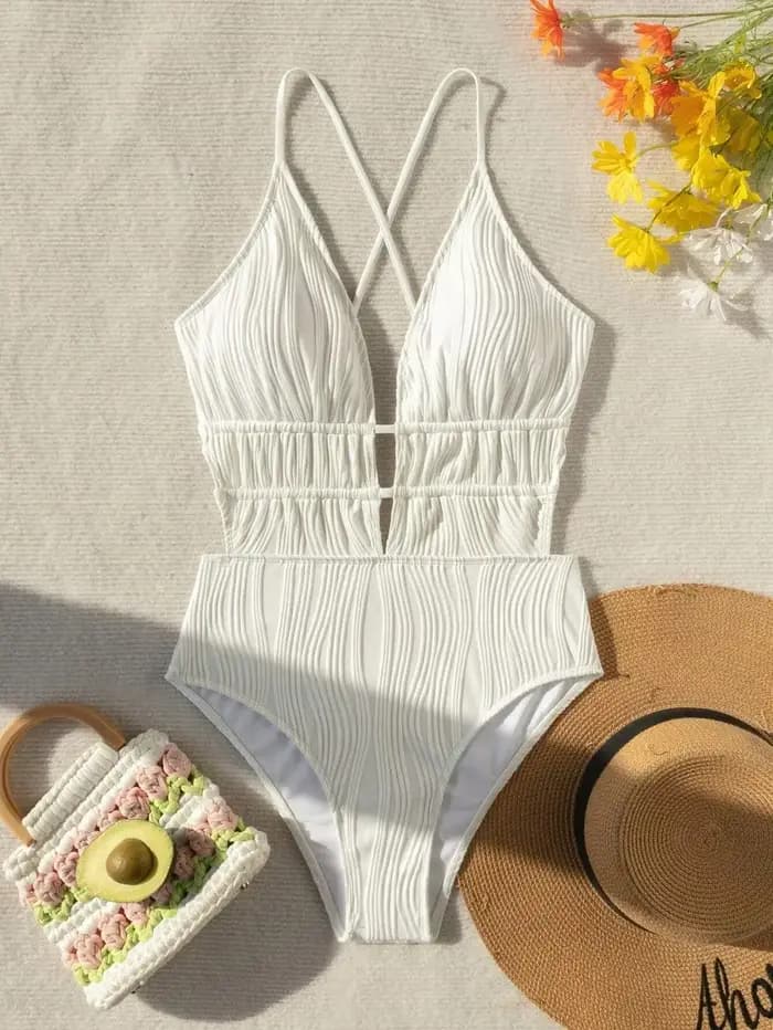 Sexy côtelé maillot de bain une pièce col en v profond Bikinis body dos cravate maillots de bain taille haute maillot de bain maillots de bain Biquini Tankini