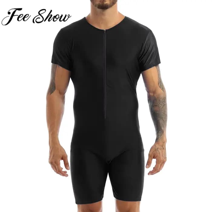 Maillot de bain une pièce pour hommes, manches courtes, fermeture éclair, brillant, doux, Boxer, body, plage, piscine, fête, protection contre les éruptions cutanées