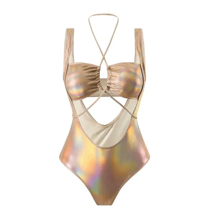Maillot de bain une pièce sexy à paillettes métalliques, style halter, échancré, à nouer, pour femme, type bikini, body, tankini