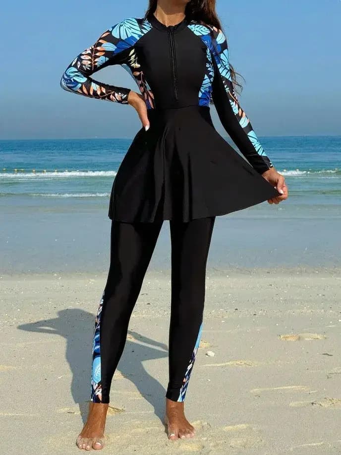 Burkini Femme Maillot de Bain Manches Longues Tunique Noire Legging Complet Fermeture Éclair Avant Protection Solaire Deux Pièces