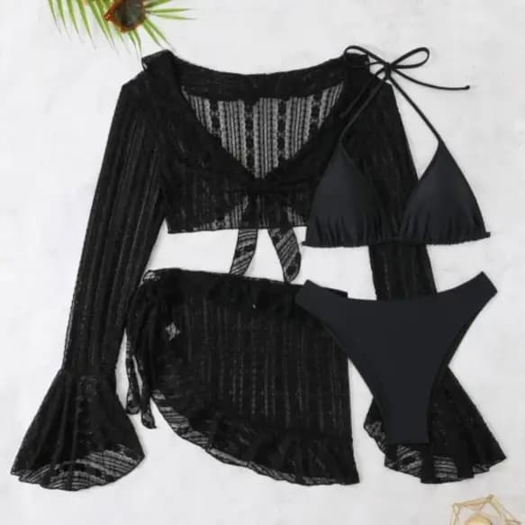 Nouveau Femmes 4 pièces dentelle Bikini ensemble à manches longues couvrir taille haute bas maillot de bain maillots