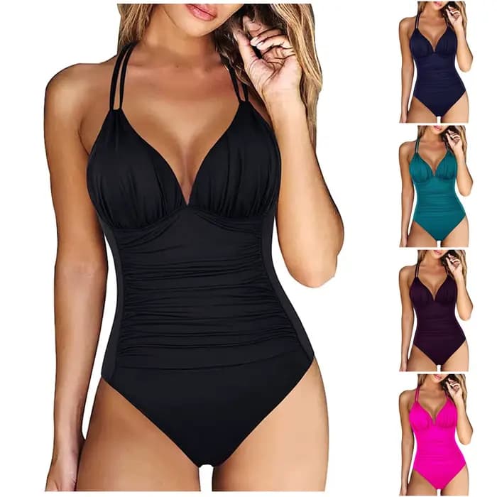 Maillot de bain une pièce de base, couleur unie, à bretelles, contrôle du ventre, nouveau maillot de bain push-up plissé, vêtements de plage, maillot de bain pour femme