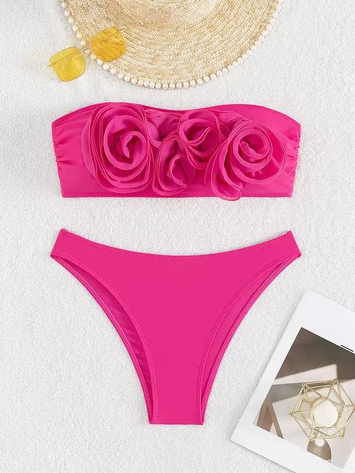 Maillot de bain 2 pièces rose vif, sexy, imprimé floral 3D, push-up, culotte taille haute, pour femmes, vêtements de plage, 2025