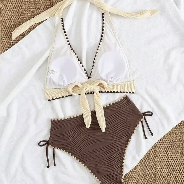2026 Sexy kaki Patchwork deux pièces Bikini ensemble femmes Push Up cordon côté taille haute maillot de bain vacances