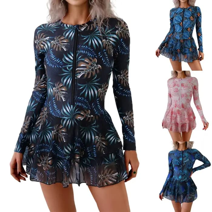 Maillot de bain une pièce à manches longues pour femme, avec fermeture éclair sur le devant, protection anti-UV, imprimé feuilles tropicales, coupe ajustée, pour la plage et la plongée