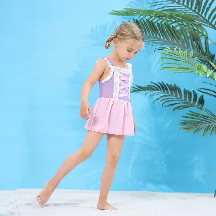 Maillot de bain une pièce pour filles inspiré de la princesse Raiponce, robe de bain violette et rose avec couronne de fleurs, lunettes de soleil, vêtements de plage pour enfants