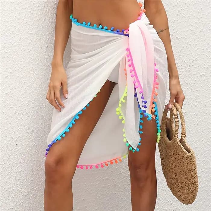 LAMUUSAA-Jupe de Plage Sexy en Maille Transparente pour Femme, Bikini avec Pompons Colorés, Sarong