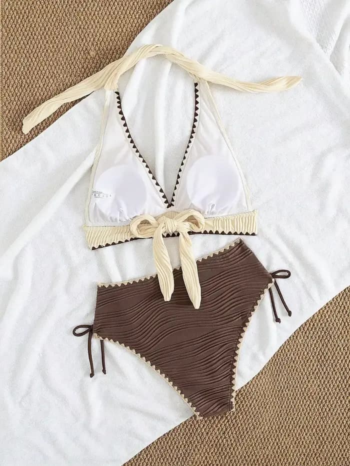 Ensemble de bikini taille haute pour femme, maillot de bain en dentelle, col halter en V, tenue de plage estivale, maillot de bain côtelé sexy