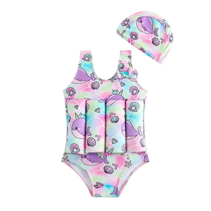 Maillot de bain une pièce avec bonnet pour bébé fille, bâtons de flottabilité flottants, imprimé bal