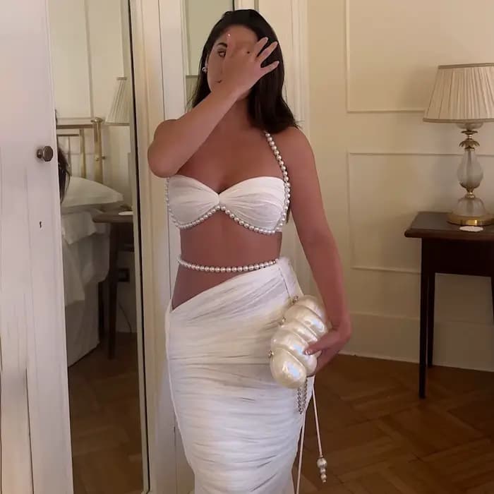Perle 3 pièces Bikini ensemble 2025 Bandeau Biquini femmes Sexy maillot de bain Push Up maillots de bain femme maille jupe blanc maillot de bain maillots de bain