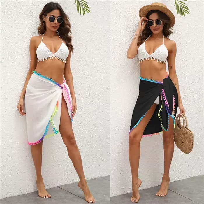 LAMUUSAA-Jupe de Plage Sexy en Maille Transparente pour Femme, Bikini avec Pompons Colorés, Sarong