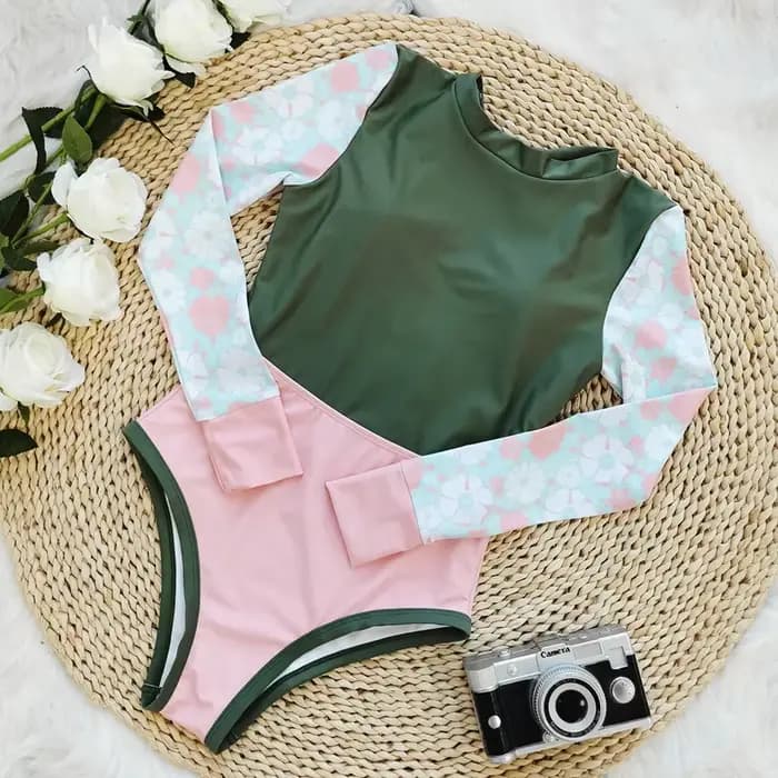 Maillot de bain une pièce noir et imprimé, manches longues, pour femmes, rétro, vintage, surf