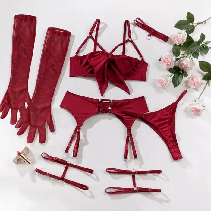 Maillot de bain bikini avec porte-jarretelles, design ajouré, ensemble trois pièces push-up, nœud de haute qualité avec gants