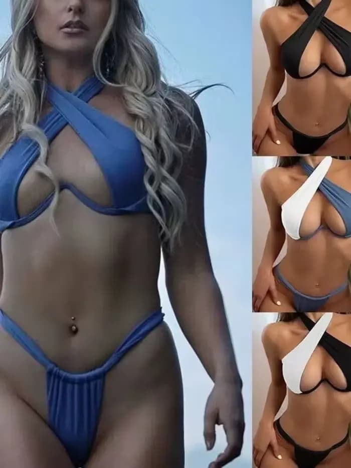 Ensemble Bikini Push-Up pour femmes, maillot de bain deux pièces à armatures, col licou, Sexy, bleu uni, découpé, vêtements de plage, été, vente en gros