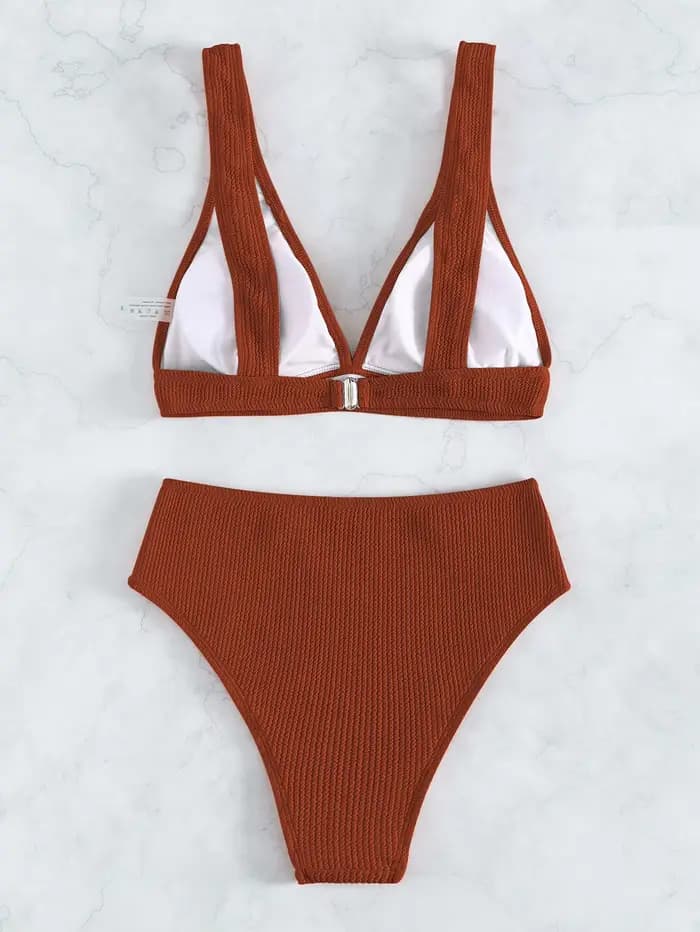 Ensemble bikini texturé pour femme - Maillot de bain string taille haute