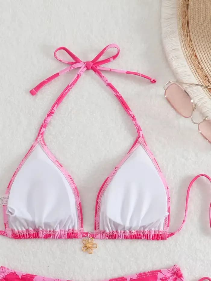Maillot de bain bikini femme 2026, nouveau modèle rose imprimé, ensemble bikini sexy à lacets, maillot de bain d'été 2 pièces, tenue de plage pour femme