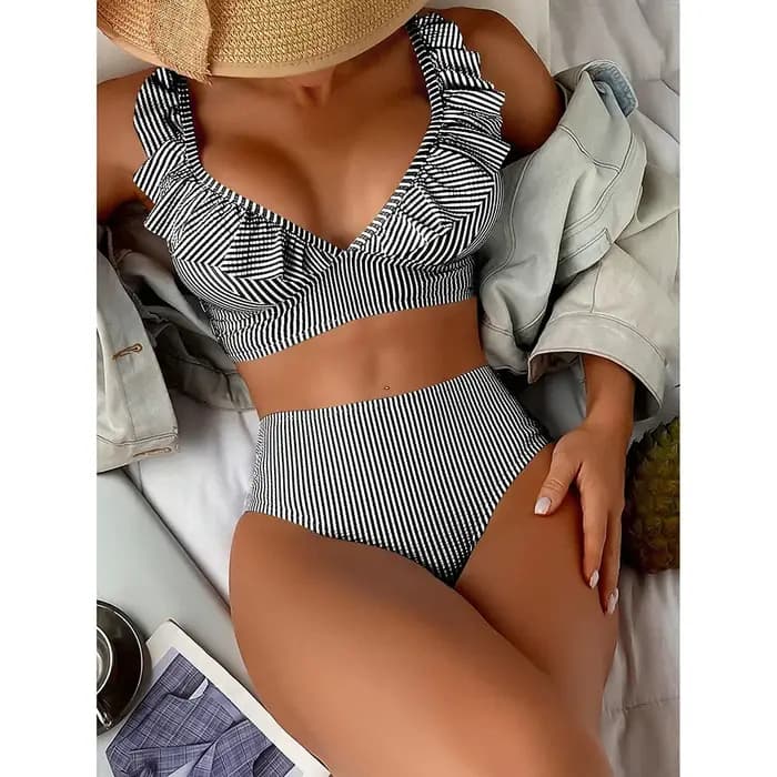 Sexy rayé à volants Bikini maillot de bain femmes 2025