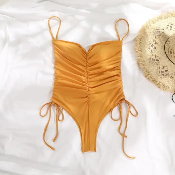 Maillot de bain une pièce sexy plissé avec cordon de serrage, monokini pour femme, couleur unie, épaules dénudées