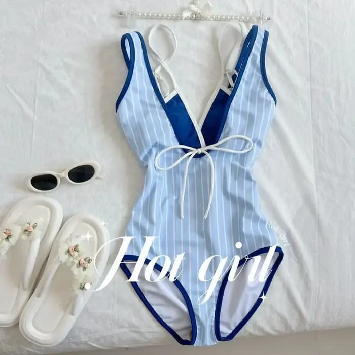 Maillot de bain une pièce rayé bleu et blanc Y2k pour femme, style plage, coupe ajustée, sexy, élégant, pour les vacances d'été