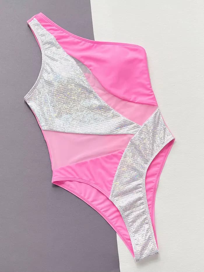 Maillot de bain une pièce scintillant pour femme, monokini sexy évidé, bikini de luxe asymétrique, maillot de bain brillant