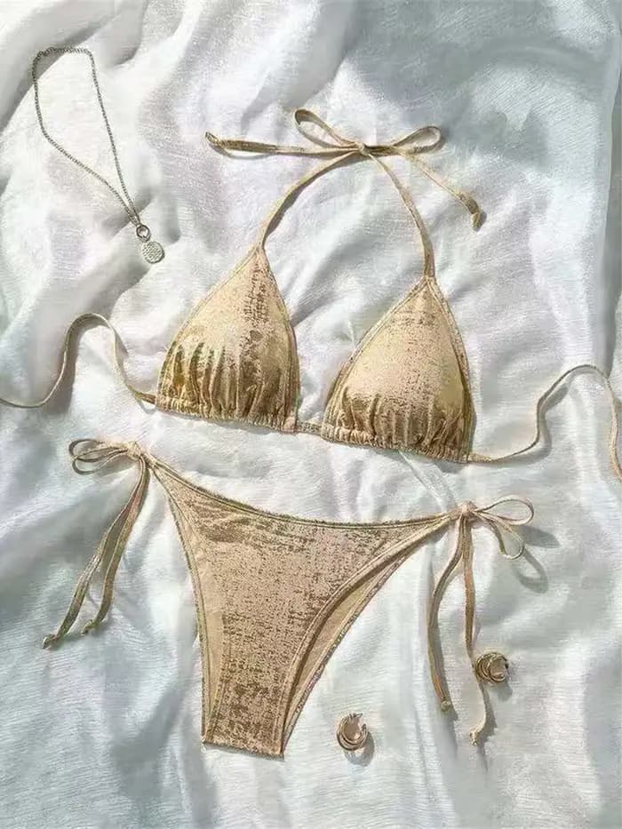 Maillot de bain bikini scintillant à paillettes pour femme, ensemble deux pièces à coupe haute M124