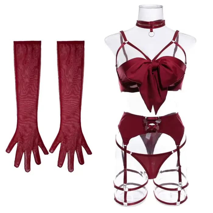 Maillot de bain bikini avec porte-jarretelles, design ajouré, ensemble trois pièces push-up, nœud de haute qualité avec gants