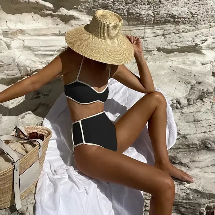 Noir 2 pièces Bikini ensemble maillot de bain 2025 Vintage taille haute maillots