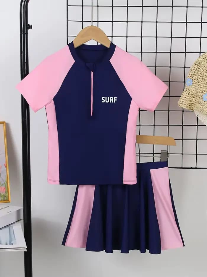 Maillot de bain pour filles 2026 Nouveauté uni avec lettres Manches courtes Maillot de bain enfant é