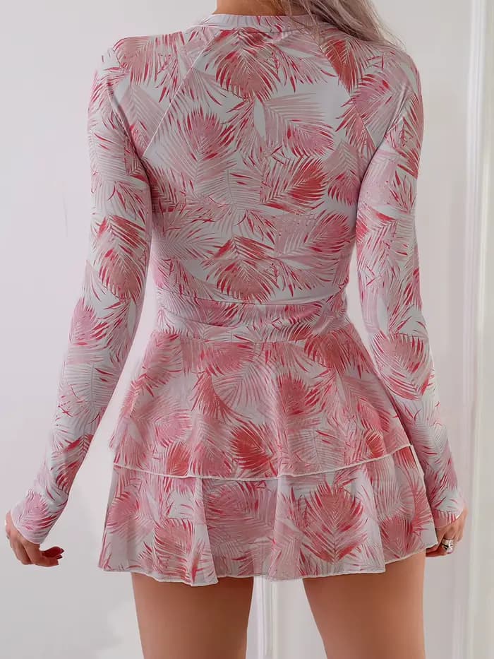 Maillot de bain une pièce imprimé feuilles, manches longues, fermeture éclair, jupe, vêtements de plage, nouvelle collection, 2025
