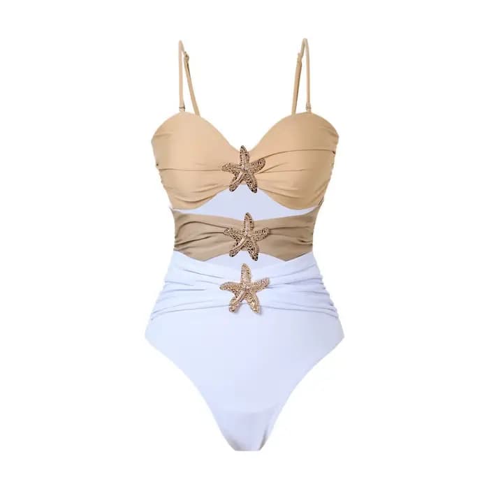 Vintage blanc kaki maillots de bain mosaïque femmes 2026 étoile de mer ornement creux plissé une pièce maillot