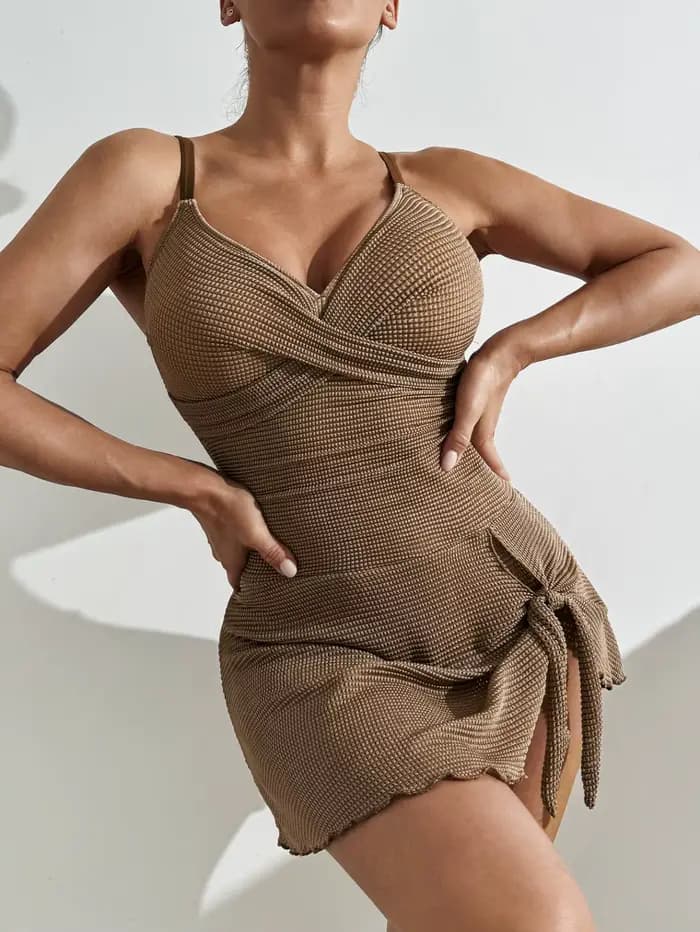 Vintage kaki jupe croisée une pièce maillot de bain 2026 femmes Sexy plissé ventre contrôle maillots