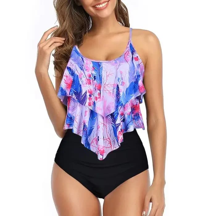 Maillot de bain séduisant élégant noir Double volants