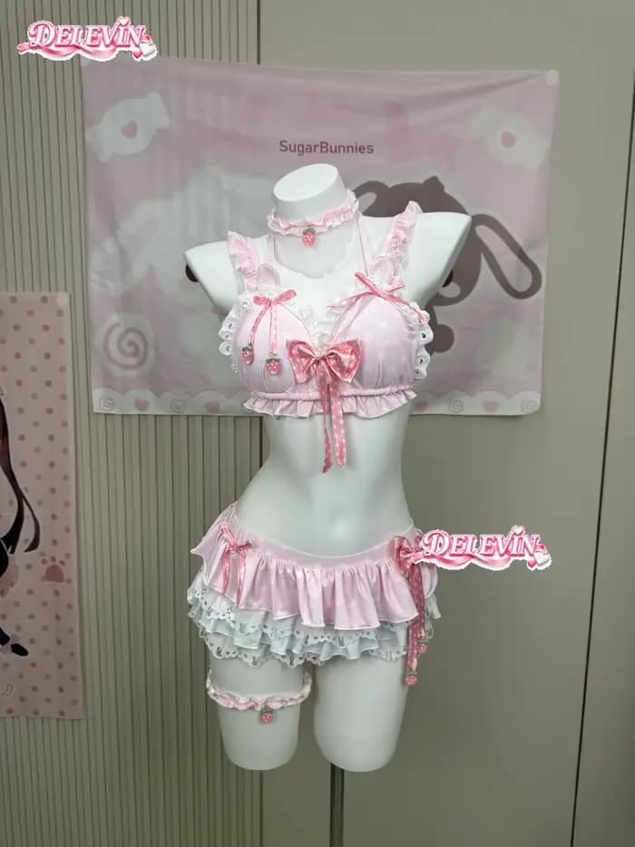 Ensemble de bikini Lolita Kawaii mignon, nouvelle collection d'été, maillot de bain deux pièces séparé, motif fraise, sexy