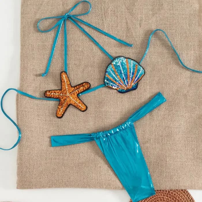 Maillot de bain à paillettes brillantes pour femmes, ensemble deux pièces, coquillage, étoile de mer, sexy, push-up, plissé, culotte tanga, brésilien, pour la plage, micro, 2025