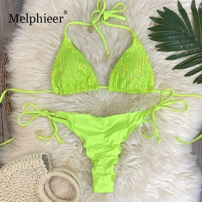 Melphieer Lady's Sparkle 2 pièces Bikini ensemble été Style paillettes Bikinis femmes 2025 plage piscine Club maillot de bain nouvelles tenues de vacances