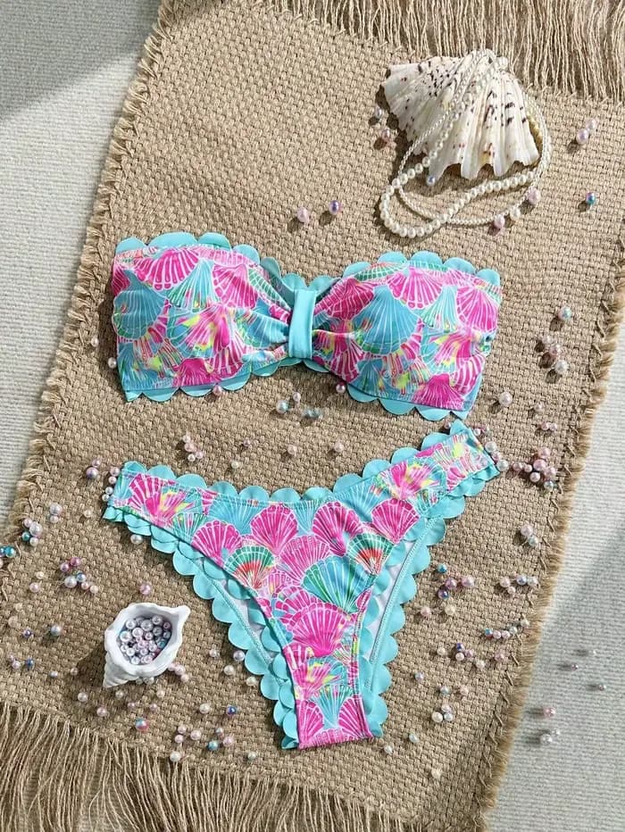 Sexy volants Bandeau Bikini 2026 femmes bleu ciel imprimé fleuri avant nœud Push Up taille haute mai