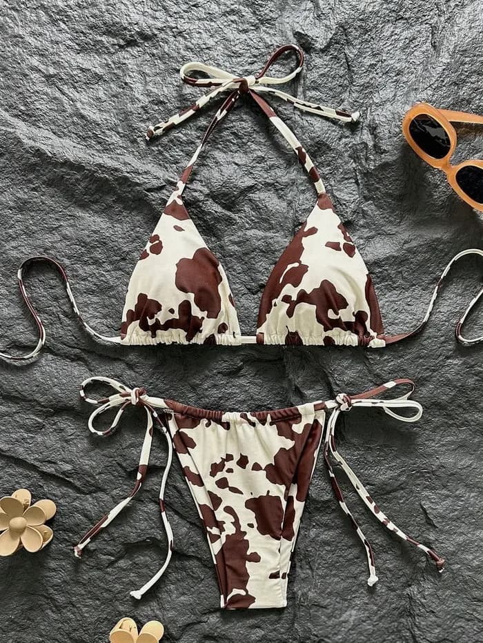 Ensemble Bikini Femme 2026 Été Marron Blanc Imprimé Vache Halter Triangle Liens Latéraux String Maillot de Bain Sexy pour Vacances à la Plage S