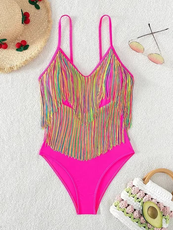 Maillot de bain une pièce à franges colorées, sexy, rose vif, push-up, contrôle TUNIControl, pour la plage, dos nu, trempé, monokini, pour femmes, tendance 2024