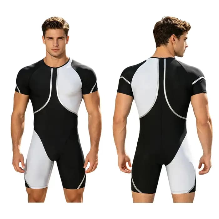 Maillot de bain une pièce pour homme, anti-UV, à manches courtes, col rond, couleur contrastante, pour le surf, avec effet ventre plat