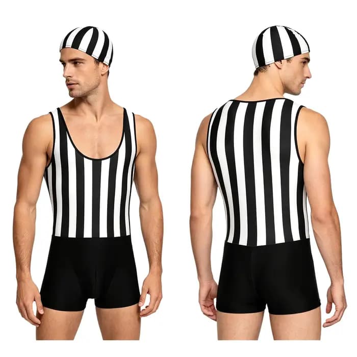 Maillot de bain une pièce pour hommes, avec bonnet de bain, séchage rapide, col bas, sans manches, rayé, pour la plage et la natation