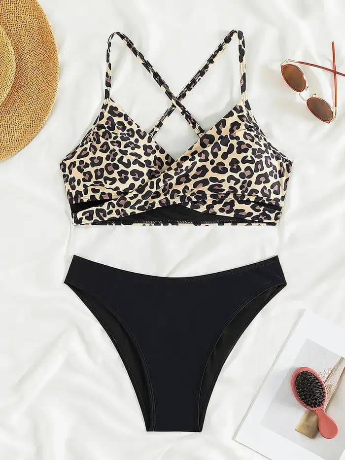 Maillot de bain bikini léopard dos croisé pour femme