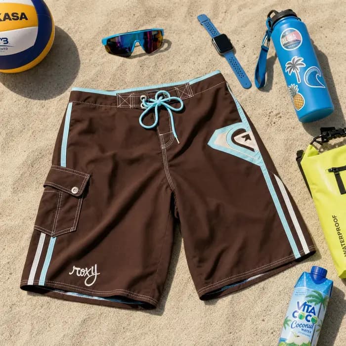Shorts de plage marron pour femme avec bordure bleu clair