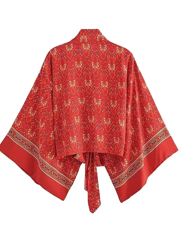 Boho Dinner ens Red Floral Beach Kimono, Short Robe, Swimsuits, Women Fashion, BatOOSleeves, Rayon, Bohemian Bikini Cover Ups, Beachwear