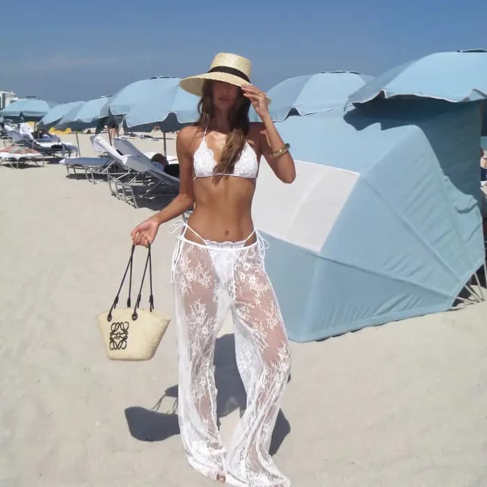 3 pièces Sexy dentelle Bikini avec pantalon jambe large licou pantalon été femmes blanc bustier tubulaire avec pantalon costume femme